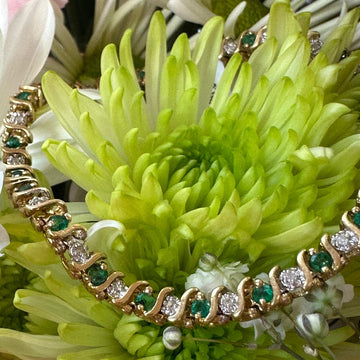 14 Karat Yellow Gold Diamond & Emerald Tennis Bracelet