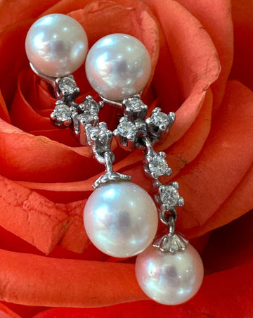14 Karat White Gold Pearl & Diamond Drop Earrings