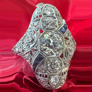 Platinum Old European Cut Diamond and Sapphire Art Deco Fashion Ring  # 130-00433