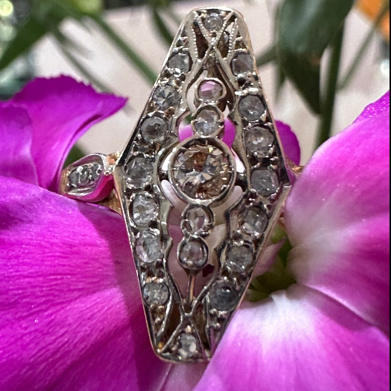 14 Karat Yellow Gold with Platinum Top Rose cut Diamond Ring