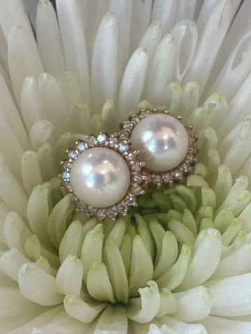 14 Karat Yellow Gold Pearl & Diamond Earrings  # 150-00782