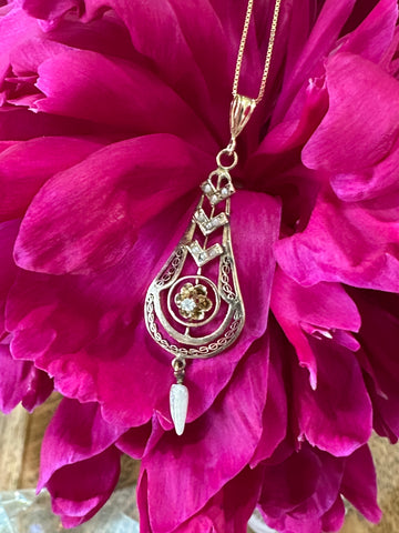 10 Karat Yellow Gold Lavalier w/ Seed Pearls & a Diamond  # 445-00169