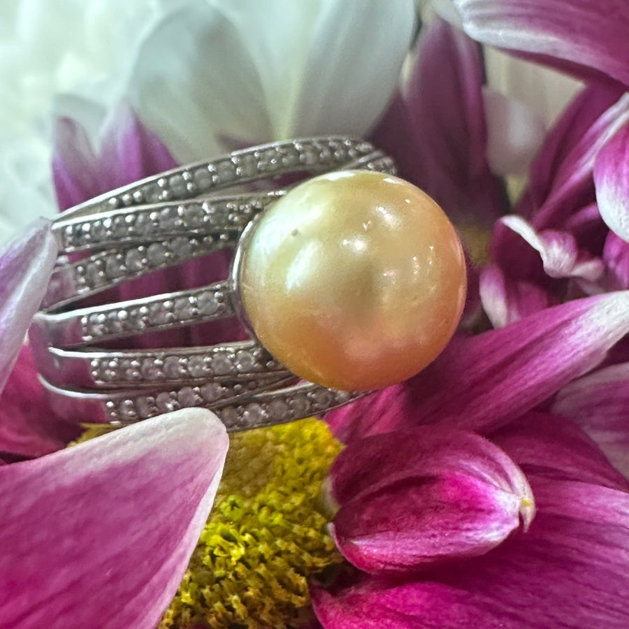 Sterling Silver, CZ and South Sea Pearl Ring