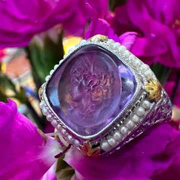 14 Karat White Gold Amethyst & Seed Pearl Ring