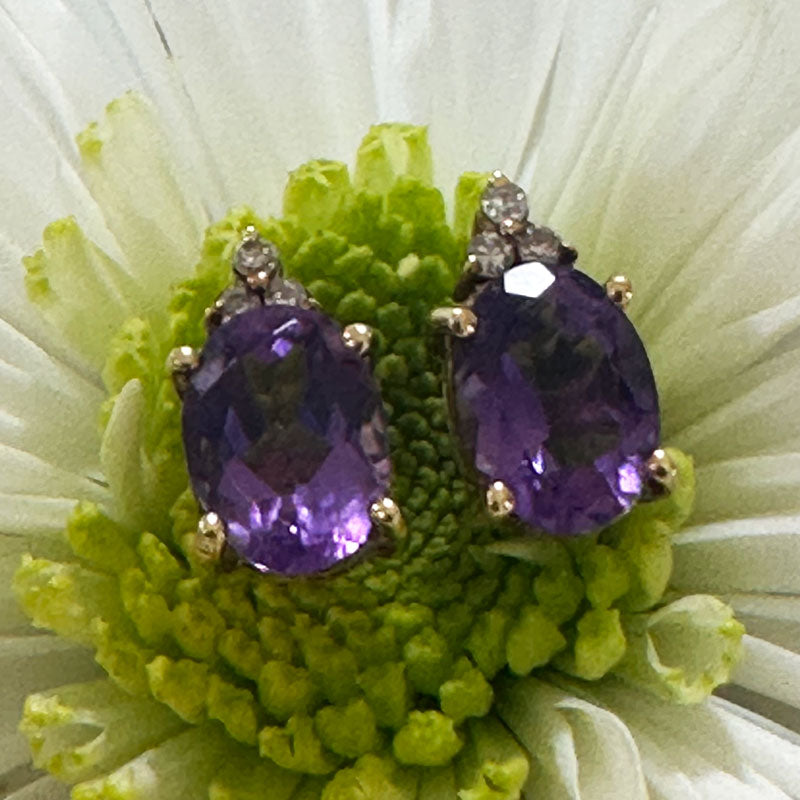 14 Karat Yellow Gold Amethyst & Diamond Earrings # 240-00194