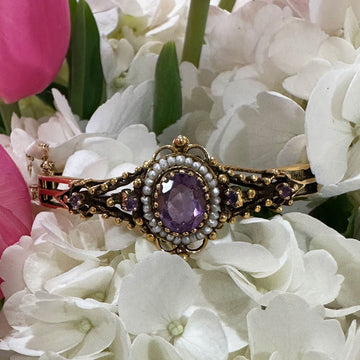 14 Karat Yellow Gold Bangle w/ Amethyst & Seed Pearls  # 240-00464