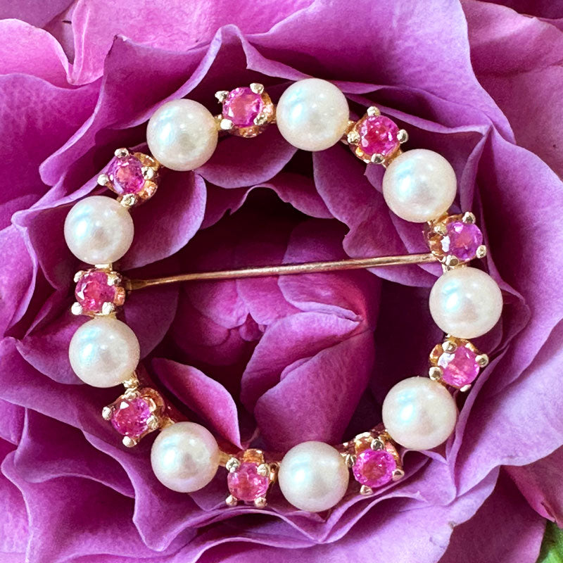 14 Karat Yellow Gold Cultured Pearls & Pink Sapphire Pin