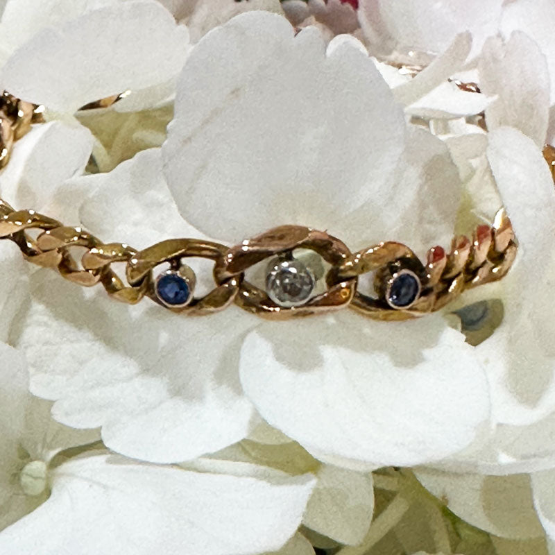14 Karat Yellow Gold Curb Link Bracelet with Sapphires and a Diamond  # 240-00412