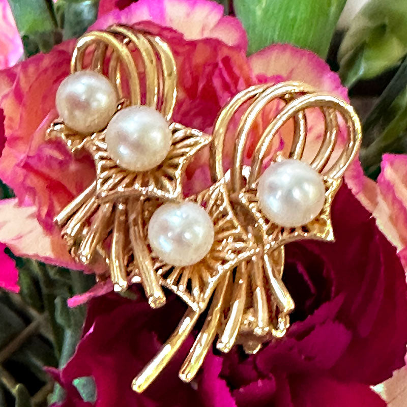 14 Karat Yellow Gold Pearl Art Retro Earrings #  310-00247
