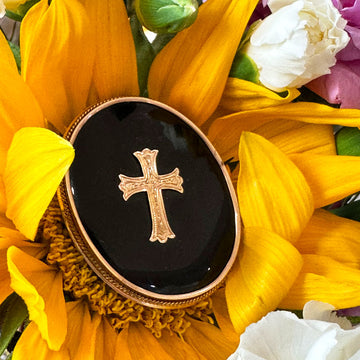 14 Karat Yellow Gold & Onyx Pin with a Cross