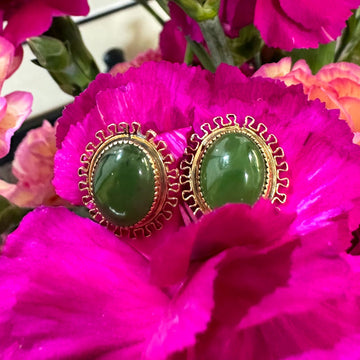 14 Karat Yellow Gold Filled Nephrite Jade Oval Cab Bezel Earrings   #  210-00680