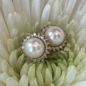 14 Karat Yellow Gold Pearl & Diamond Earrings