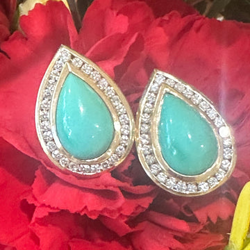 14 Karat Yellow Gold Turquoise & Diamond Earrings