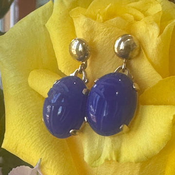 14 Karat Yellow Gold with Blue Crystal Scarab Earrings