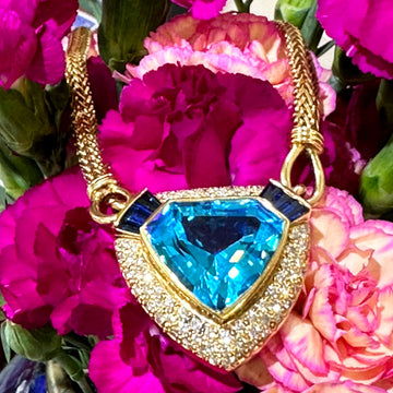 18 Karat Yellow Gold Blue Topaz, Tanzanite, and Diamond Necklace  # 230-00456