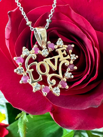Sterling Silver/Yellow Gold Filled, Pink Sapphire & Diamond Heart Pendant  # 466-00267