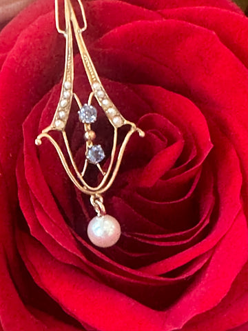 10 Karat Yellow Gold Lavalier with Pearl & Sapphires  # 435-00193
