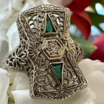 14 Karat White Gold Art Deco Diamond & Synthetic Emerald Ring