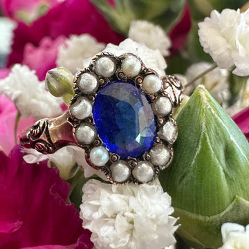 10 Karat Yellow Gold Blue Doublet & Seed Pearl Ring