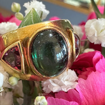 18 Karat Yellow Gold Green & Pink Tourmaline Ring