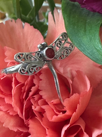 Sterling Silver Dragonfly & Coral Ring  # 555-04129
