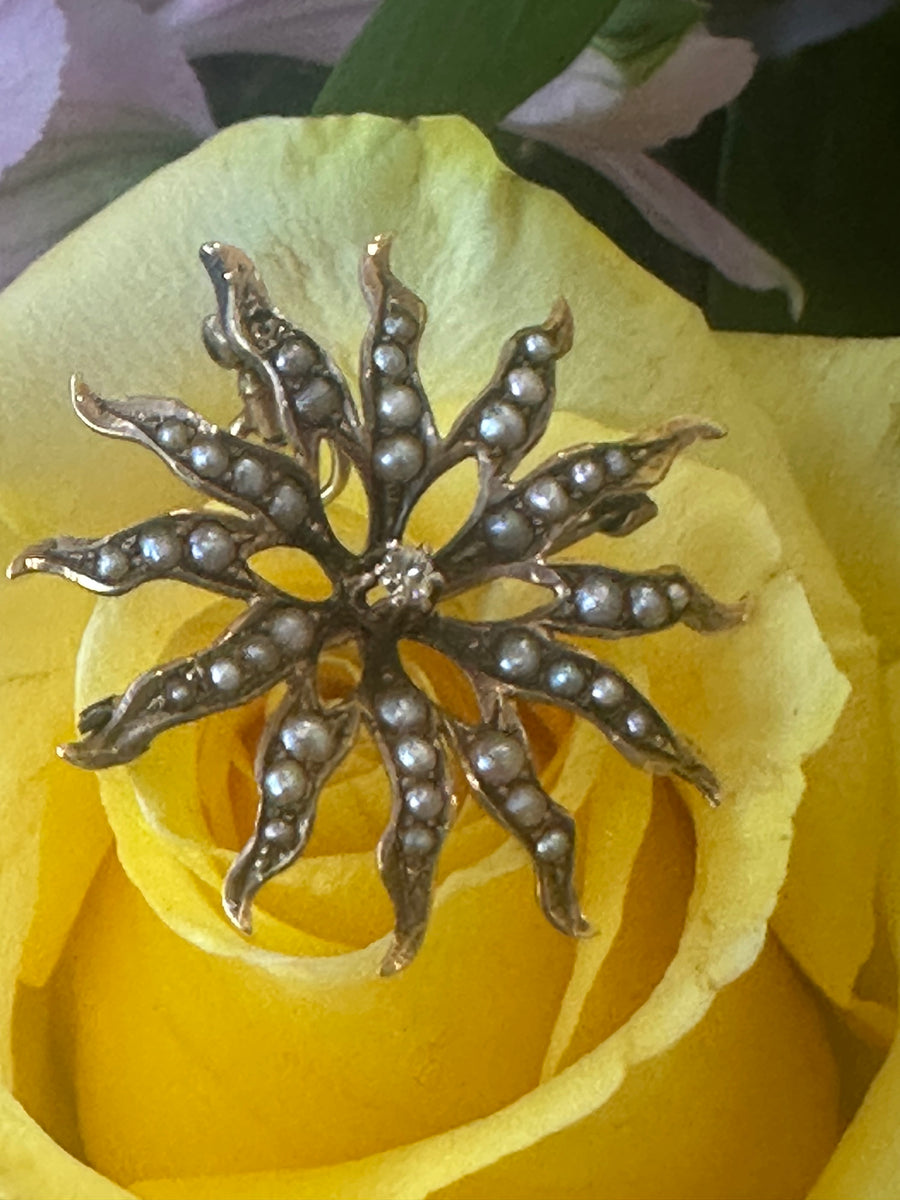 14 Karat Yellow Gold Victorian Sun Burst Pin w/ Seed Pearls & a Diamond  # 435-00197