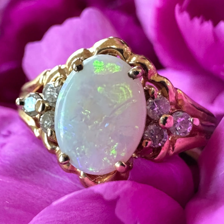 14 Karat Yellow Gold Opal & Diamond Ring