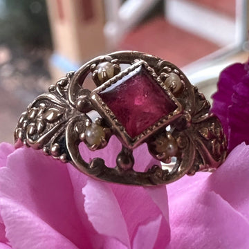 14 Karat Yellow Gold Synthetic Ruby & Seed Pearl Ring