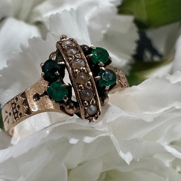 10 Karat Yellow Gold Emerald & Seed Pearl Ring