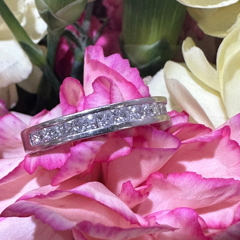 14 K White Diamond Wedding Band, Princess Cut 