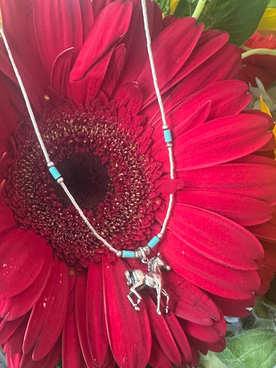 Sterling Silver Turquoise Necklace w/ Horse Charm  # 555-04170