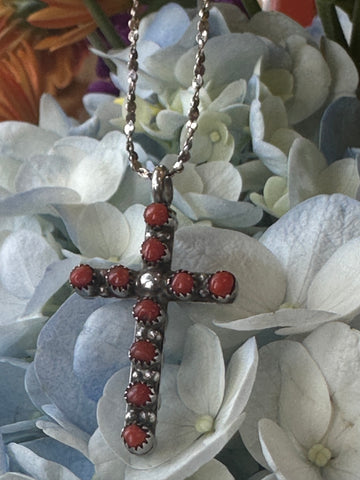 Sterling Silver Coral & Turquoise Cross  # 555-04158