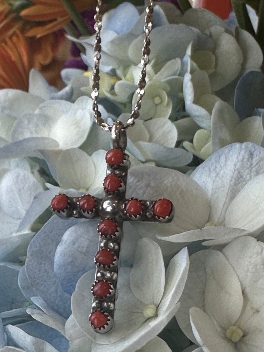 Sterling Silver Coral & Turquoise Cross  # 555-04158