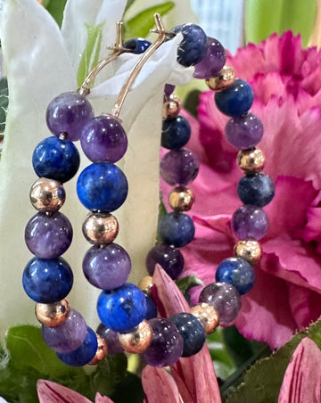 14 Karat Yellow Gold Hoops w/ Amethyst & Lapis