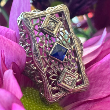 10 Karat White Gold Synthetic Sapphire Art Deco Ring