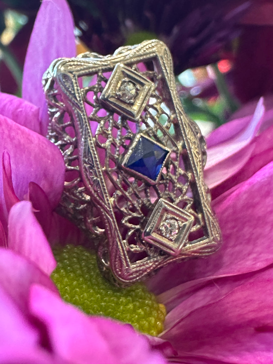 10 Karat White Gold Synthetic Sapphire Art Deco Ring  # 200-01109