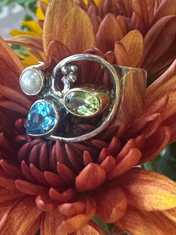 Sterling Silver & 14 Karat Yellow Gold Pearl, Blue Topaz & Peridot Ring  # 555-04183