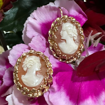 14K Yellow Gold Carved Cameo Shell Earrings