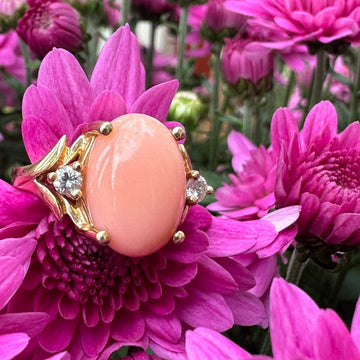 14 Karat Yellow Gold , Coral & Diamond Ring