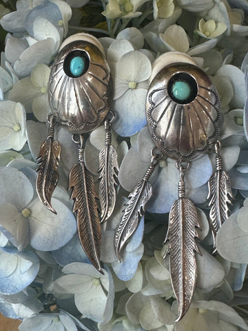 Sterling Silver Non-Pierced Turquoise Hanging Feather Earrings  # 555-04159