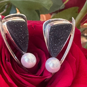 Sterling Silver Onyx Druzy and Pearl Earrings  # 555-04186