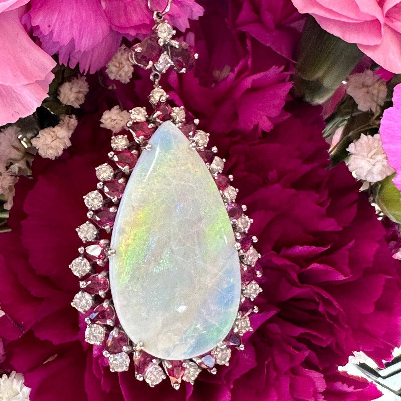 14 Karat White Gold Opal, Ruby & Diamond Pendant