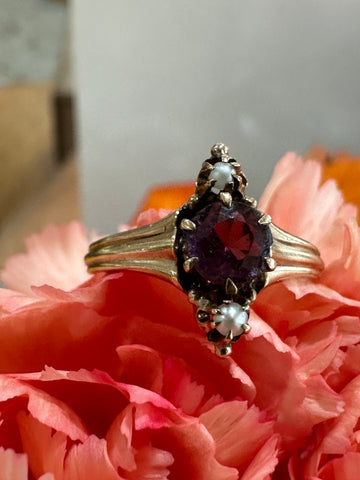 10 Karat Yellow Gold , Red Doublet & Seed Pearl Ring  # 200-01907