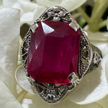 14 Karat White Gold Synthetic Ruby Ring