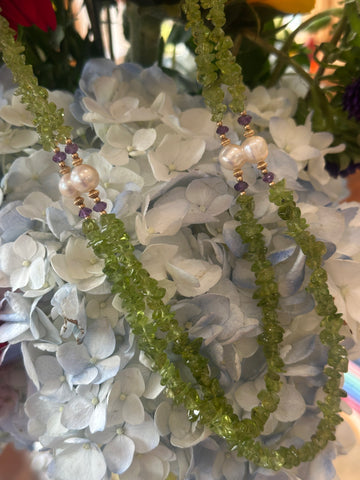 Peridot Bead Necklace w/ Pearls, Amethyst & Yellow Gold Beads.  # 235-00384