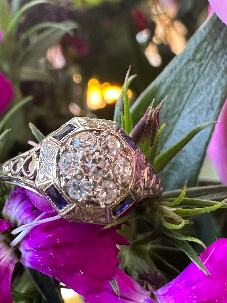 Art Deco Single Cut Diamond and Sapphire Ring  # 130-00690