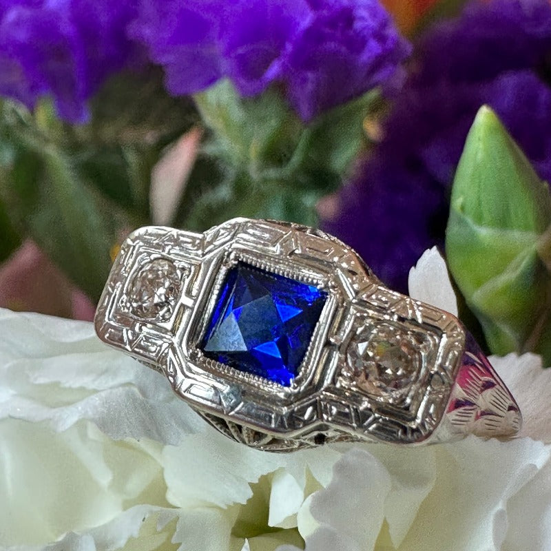 18 Karat White Gold Synthetic Sapphires & Diamond Ring  # 200-01719