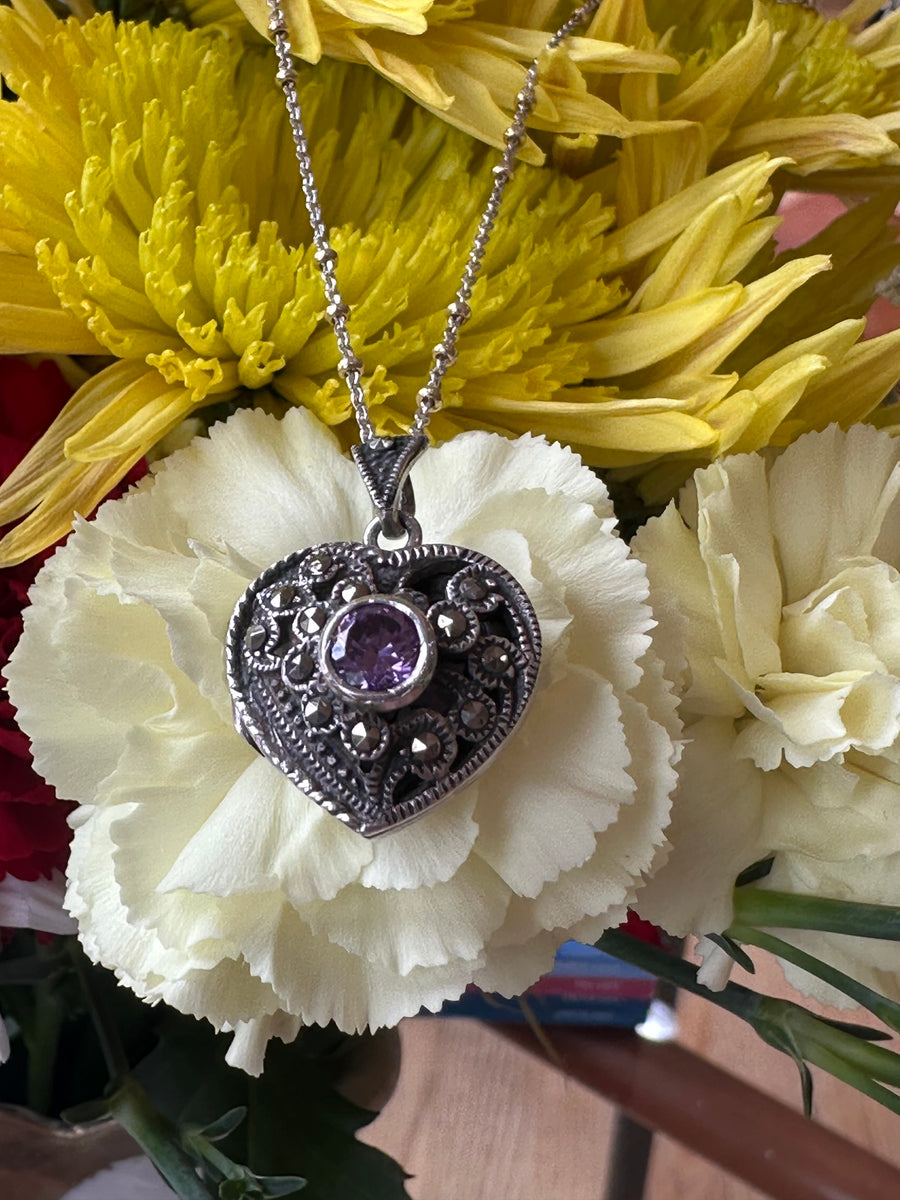 Sterling Silver Heart Locket with Amethyst & 18