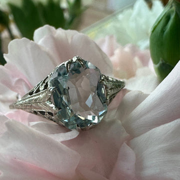 14 Karat White Gold Aquamarine Filigree Ring
