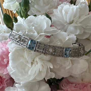 14 Karat White Gold Aquamarine & Diamond Filigree Bracelet